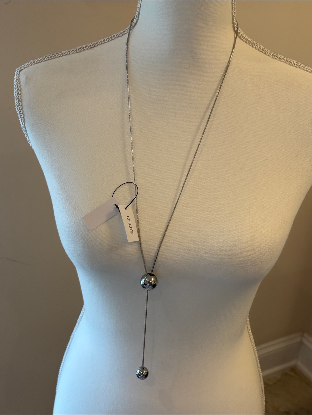 Chico's NWT Long Silver Lariat Necklace with Two Polished Spheres